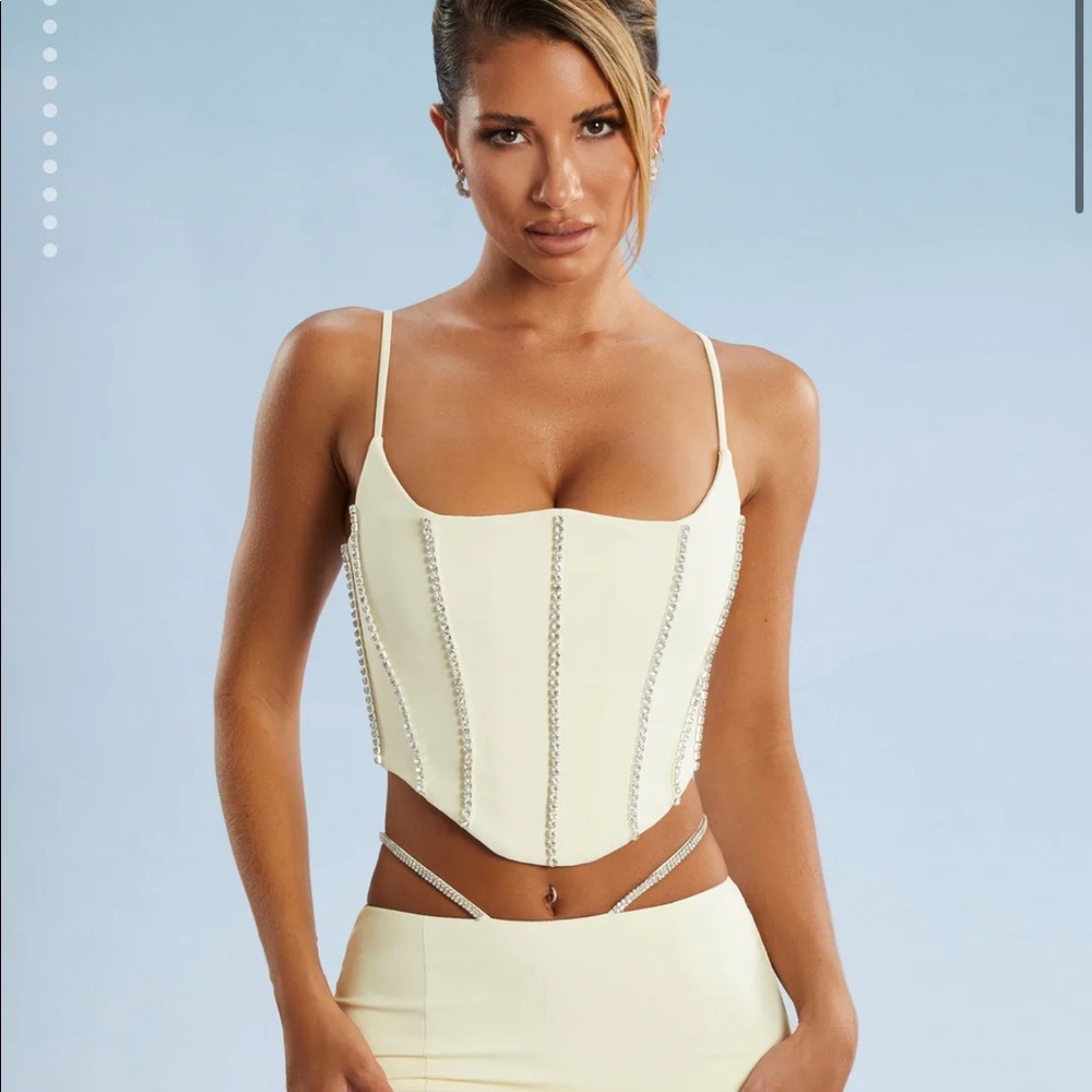 Oh Polly Set Embellished Corset Crop Top in Ivory & Skirt!